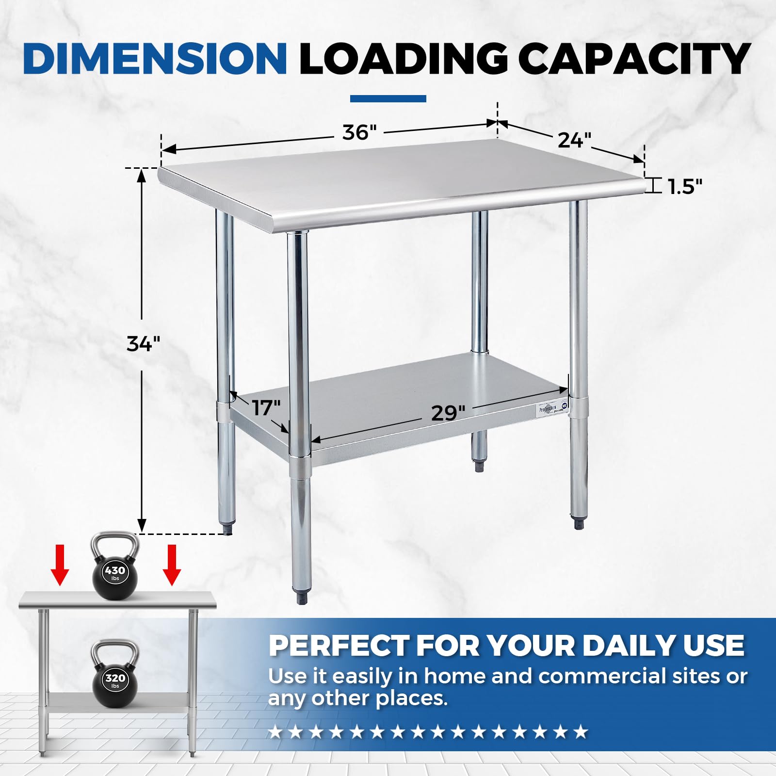 Profeeshaw Mesa de preparación de acero inoxidable de 36 x 24 pulgadas, mesa de trabajo comercial NSF con estante inferior, mesa resistente para cocina, restaurante, hogar, hotel