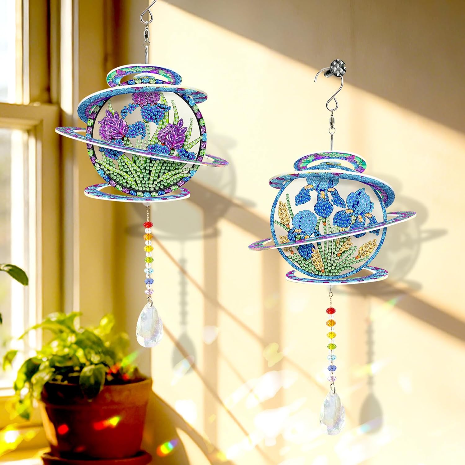 2Pcs Iris Diamond Art Painting Suncatcher Wind Chime Kit for Adults, Double Sided 5D DIY Rhinestone Art Hanging Ornaments, Crystal Sun Catcher Windchimes for Home Garden Patio Decor