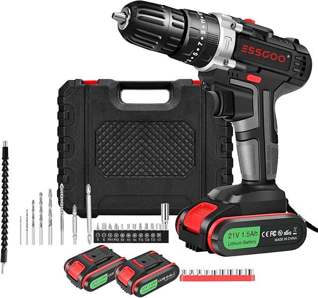 ESSGOO Cordless Drill Driver 21V with 2 Batteries 1500mAh, 45Nm Max Electric Drill,3-Function Combi Drill and Screwdriver Set, 25+3 Torque Setting, 3/8inch Chuck, 2 Speed, LED Light