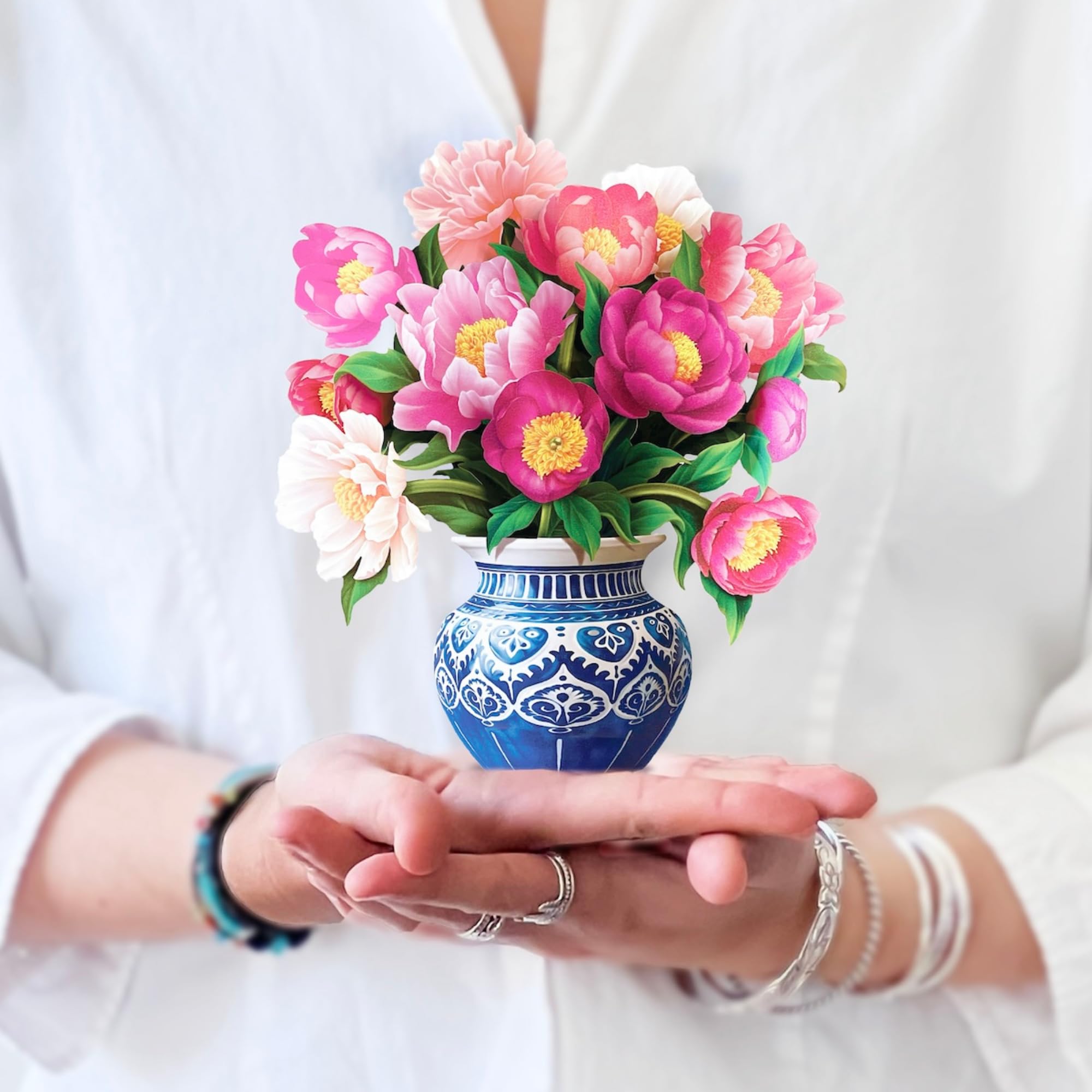 Pop Up Cards, Mini Peony Paradise, 6 Inch Mini Sized Forever Flower Bouquet 3D Popup Greeting Cards, Birthday Cards, Thank You Card, Blank Notecard & Envelope