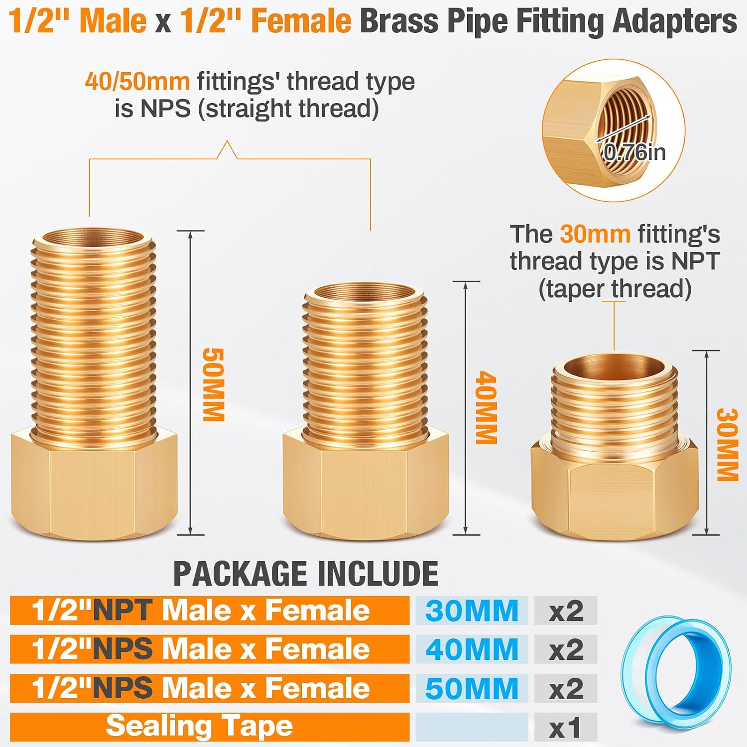 Moxweyeni 6 Pack 1/2'' Brass Extension Adapter Set, 1/2 Male x 1/2'' Female Brass Pipe Extension Fittings, Nipple Pipe Adapter for Tub Spout/shower, Length 30mm/40mm/50mm with Sealing Tape