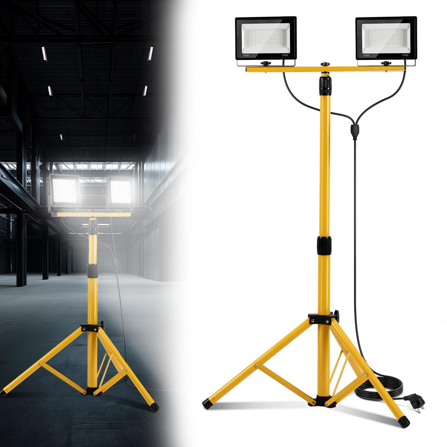 2 x reflektor budowlany LED 50 W ze statywem regulowanym, IP66, wodoszczelna lampa budowlana z kablem sieciowym 3 m, reflektor roboczy LED 6500 K na plac budowy, do warsztatu lub piwnicy