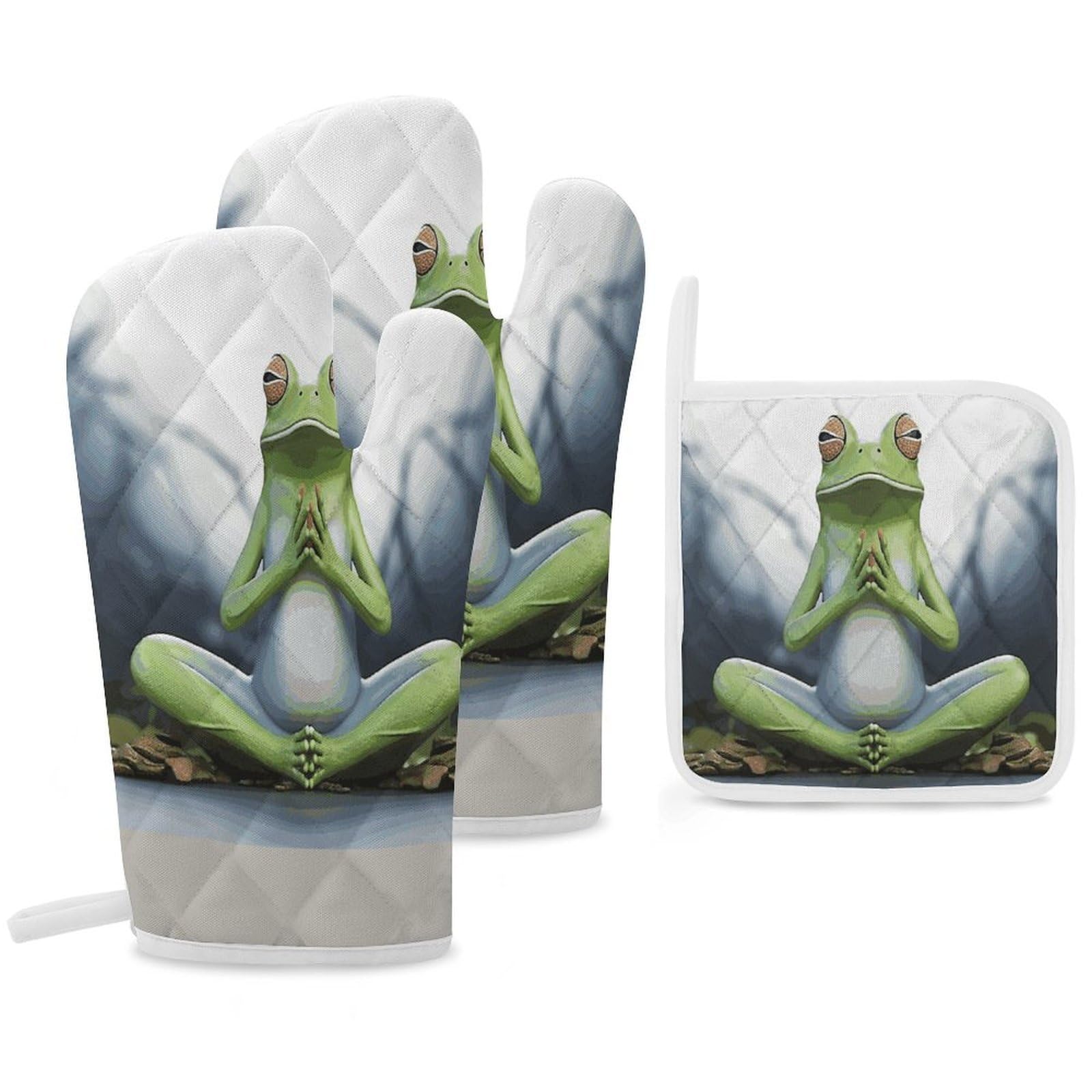 Fekiloot Style Funny Yoga Frog Oven Mitts Funny Heat Resistant,Oven Glove With Hanging Loop,Resistant Hot Pads For Kitchen Baking Grilling Cooking