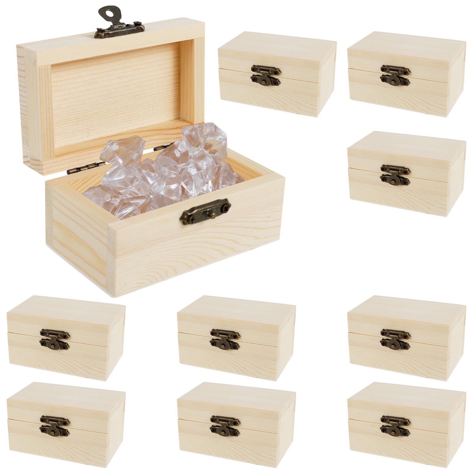 Foppla 10PCS Wooden Treasure Chest with Key Lock and Locking Clasp, Small Wooden Box for Jewelry Storage, Unfinished Blank Craft Box for DIY Painting Home Decor, Classroom Keepsake (style 1)