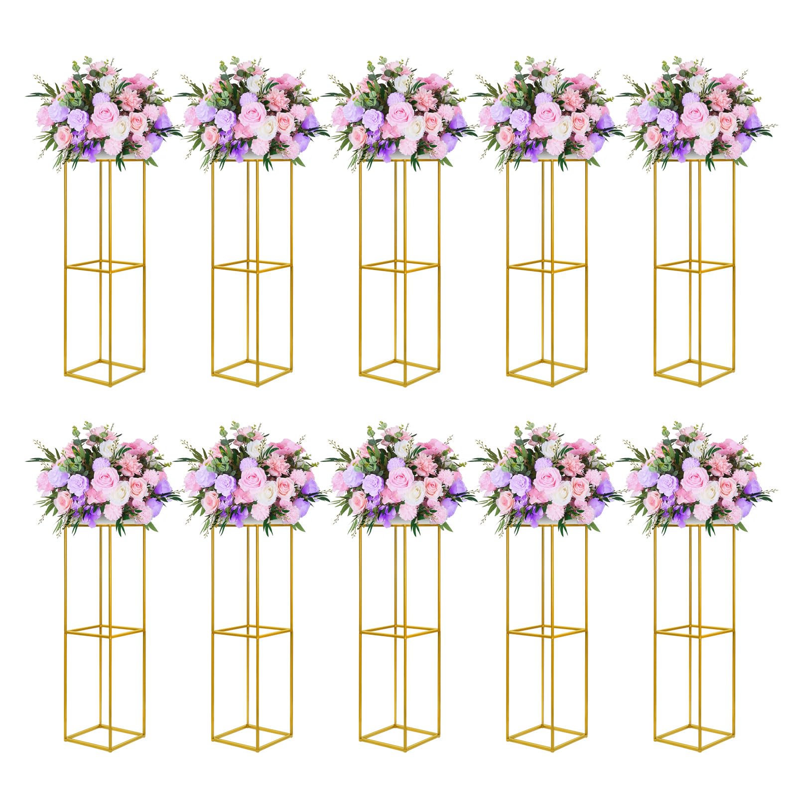 YALLOVE 10 Pcs 80cm Metal Flower Stand, Gold Centerpieces Vases Stand with Clear Acrylic Sheets, Geometric Display Rack for Wedding Party Decorations