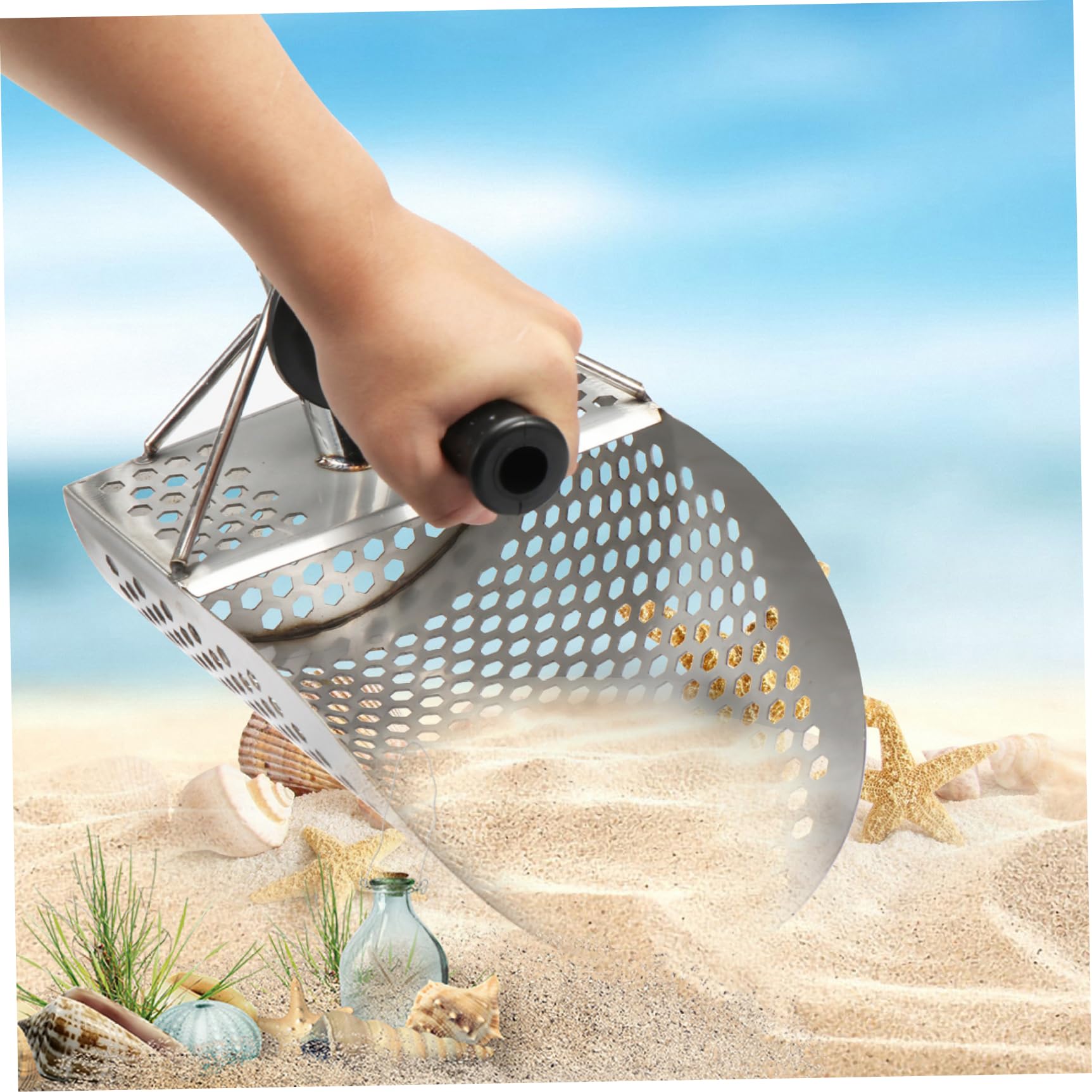 Pala de Arena para detección de Metales Pala de detección de Metales de Acero Inoxidable con Orificios en Forma y tamiz de Arena Resistente Desmontable de Mango Largo de 47 Pulgadas para la Playa, pa