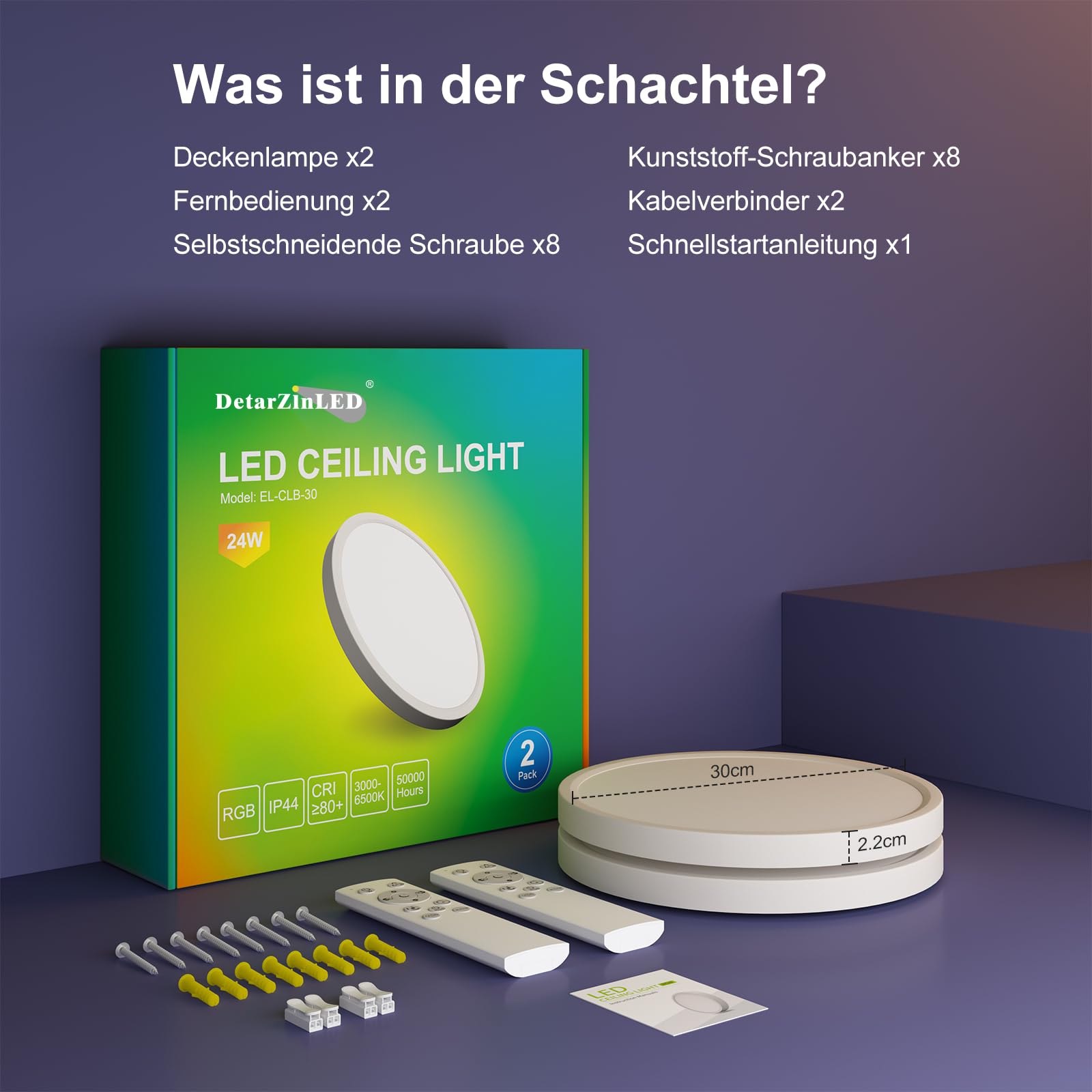 2 Deckenlampe LED Dimmbar, RGB Lampe Decke mit Fernbedienung Bunt Backlight