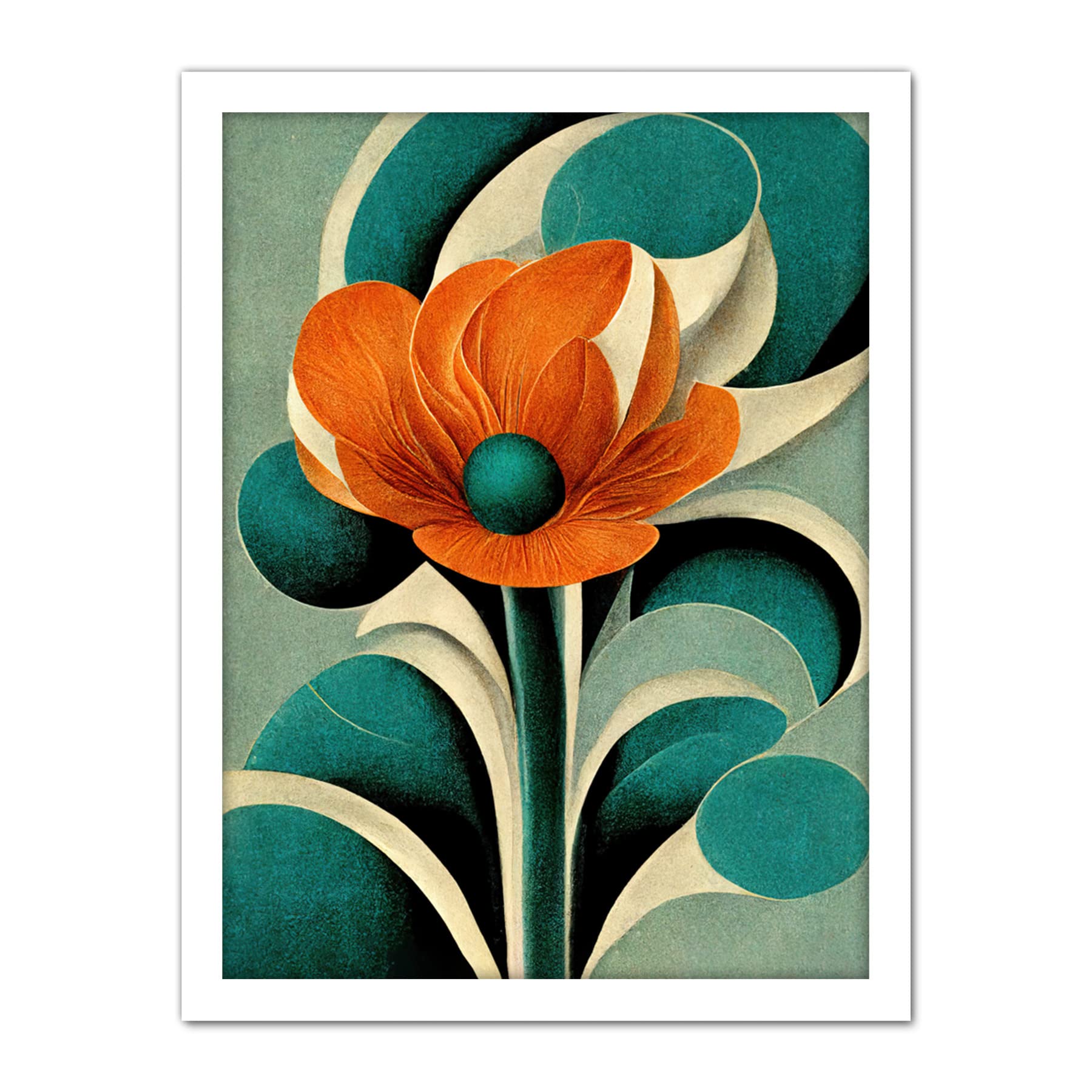 Art Deco Poppy Flower Print - Teal Orange Cream - Large Framed Wall Art - Artery8