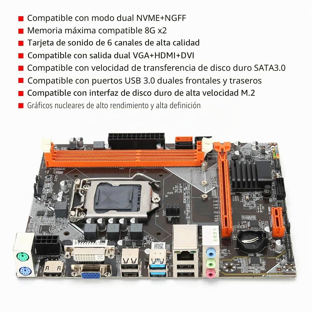 Pusokei Placa Base de Escritorio, Placa Base Socket de Escritorio LGA 1155 DDR3 para B75, Interfaz 3 x SATA2.0, Compatible con Salida Dual VGA + HDMI + DVI