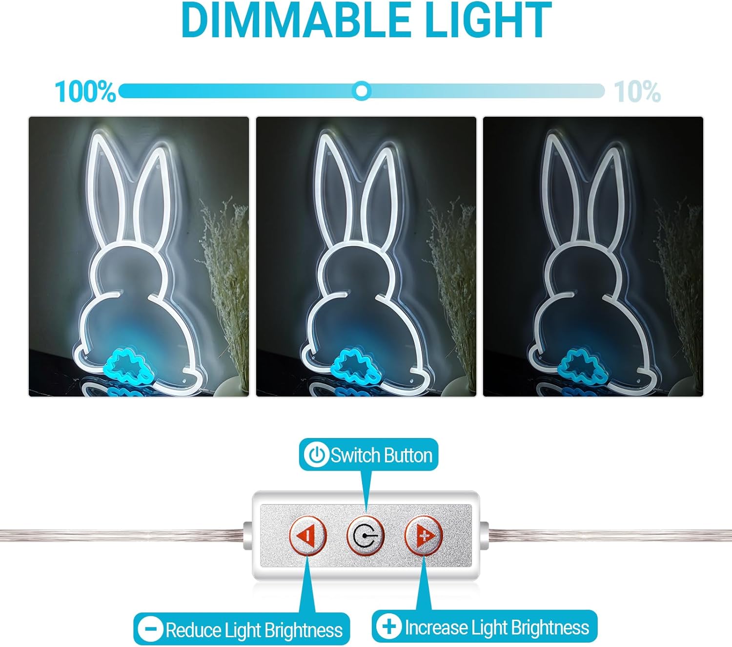 Easter Rabbit Neon Sign for Easter Wall Decor, Dimmable LED Bunny Neon Light for Kids Gifts, Cute Light Up Signs USB Powered for Bedroom Children's Room Home Decoration, 10x16 Inch