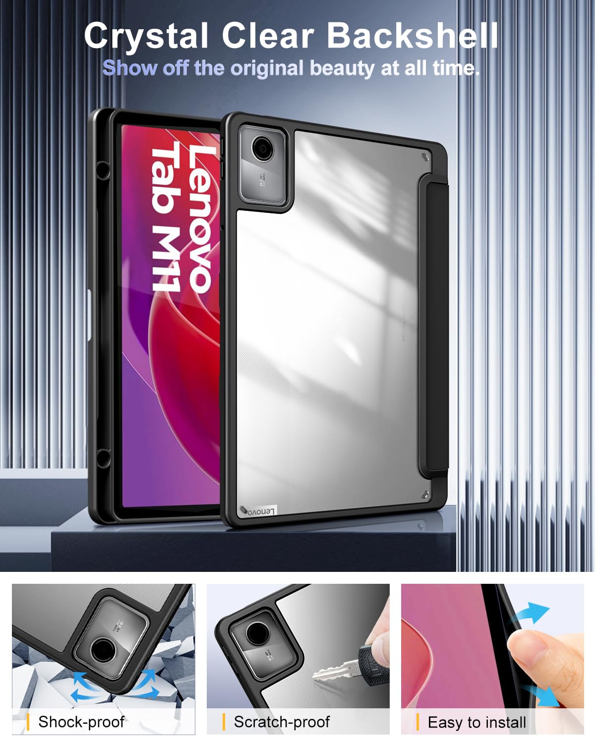 TiMOVO Cover per Lenovo Tab M11 2024 11 Pollici TB330 con Portapenna, Cover Protettiva con Supporto a Tre Ante, Trasparente sul Retro, Supporta Auto Sveglia/Sonno per Lenovo Tab M11, Nero