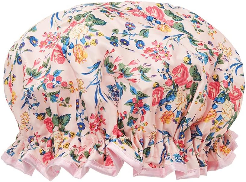 The Vintage Cosmetic Company | Shower Cap | Double Layer w/Polyester Satin On Top & Waterproof PEVA Lining | Use w/Conditioning Treatments & As You Apply Make-up | One Size Fits All | Floral