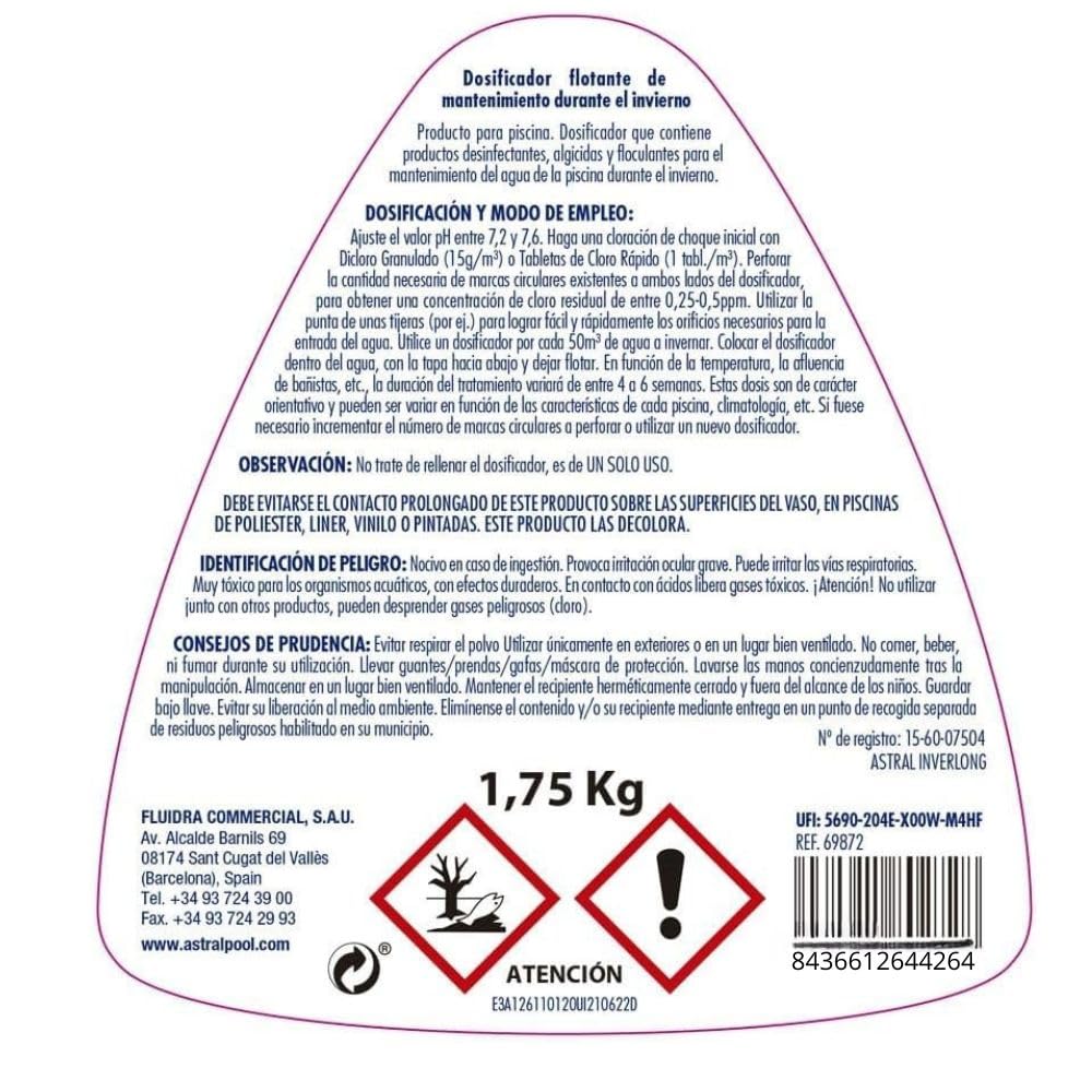 RASMACOR | Astral 75151 Iverlong Invernador Piscina 1,75 kg con Dosificador Flotante | Tratamiento Invernal Antialgas, Bactericida y Floculante | Agua Clara Todo el Invierno