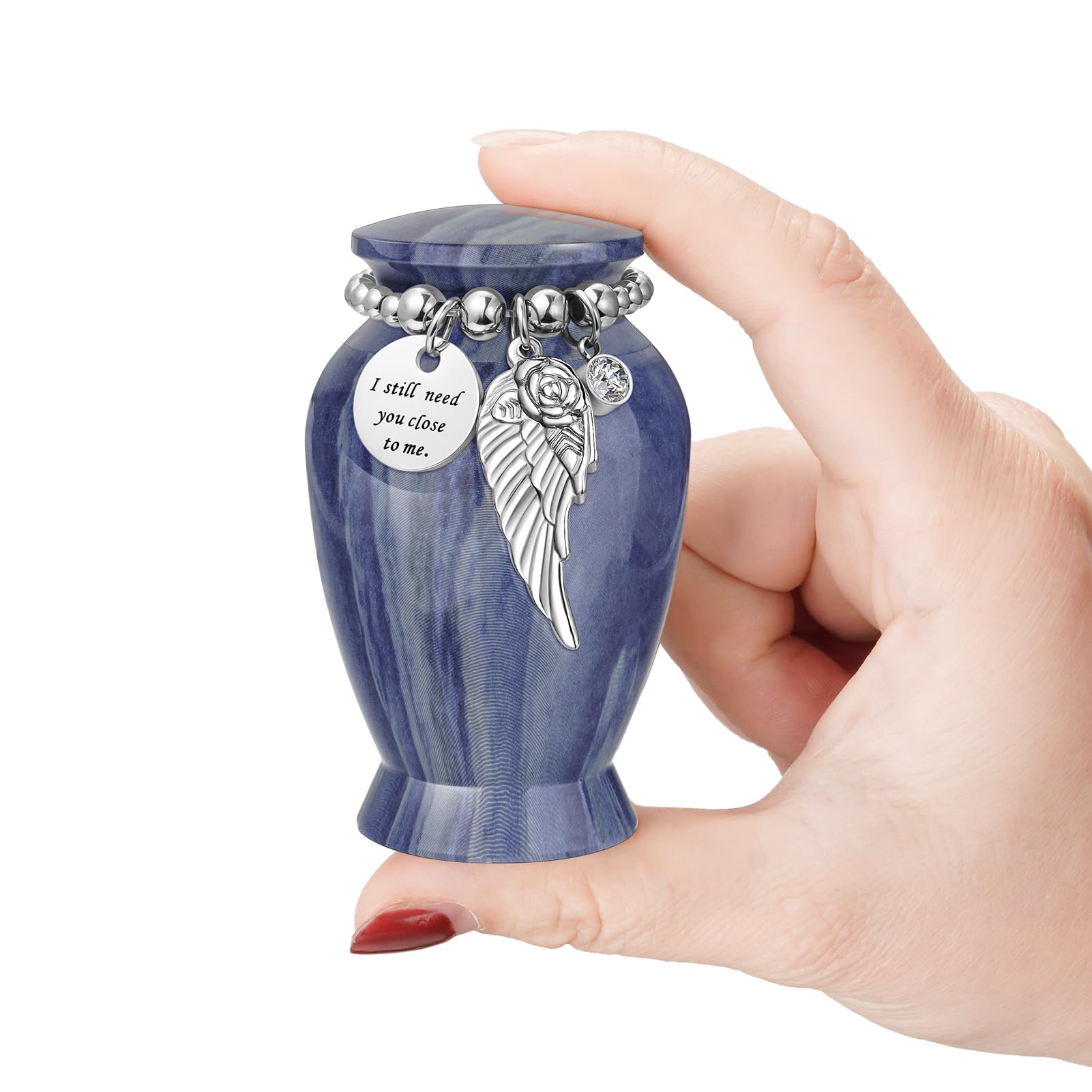 Memorials Small Urns for Human Ashes Keepsake Aluminum Mini Urns for Ashes with Angel Wing Charm Decorative Burial Urn Funeral Cremation Urns for Women and Men (Dusty Blue)