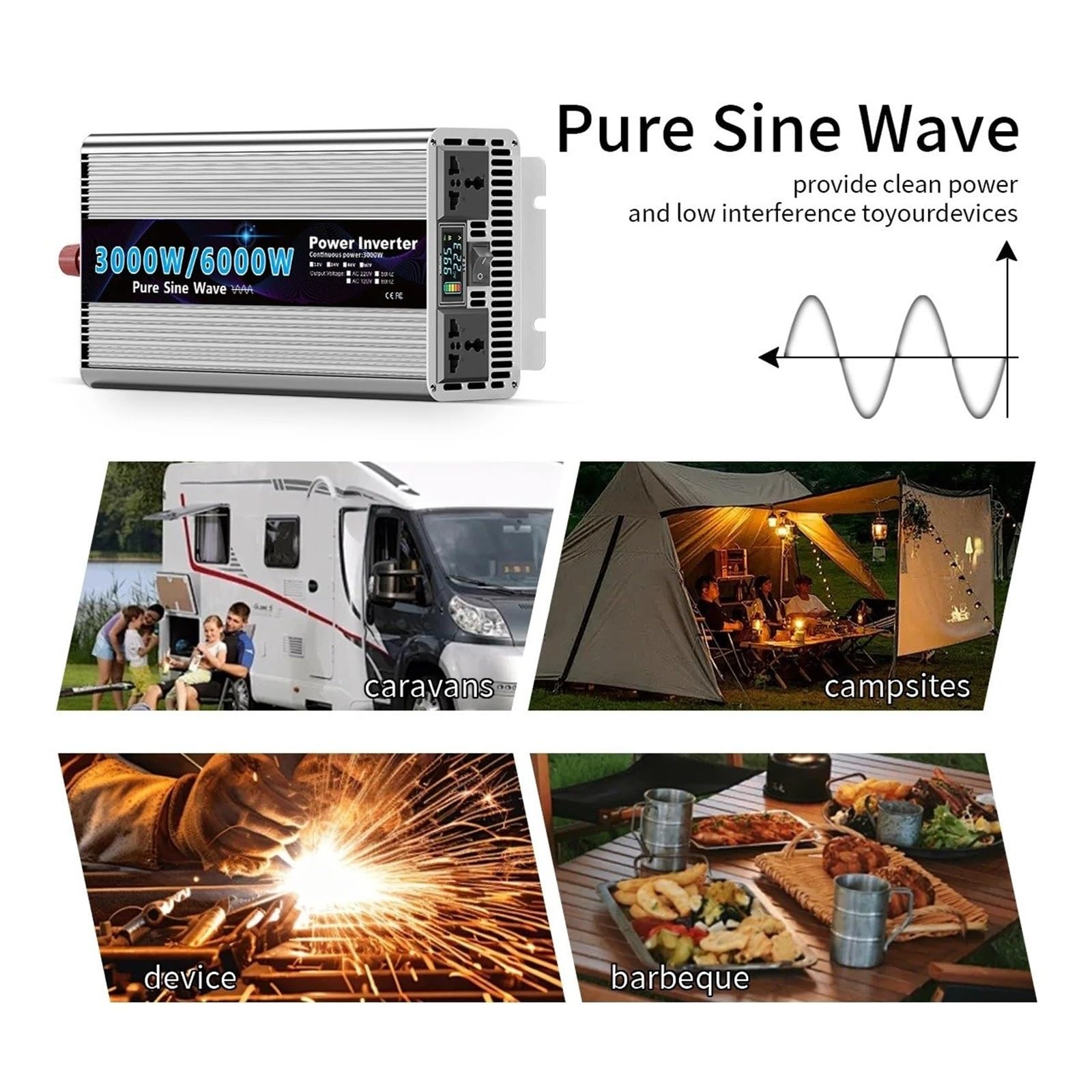 Inversor Corriente Onda Sinusoidal Pura 12 V CC A 220 V CA con Pantalla LCD Control Remoto Vehículos Autocaravanas Enchufe Europeo(12V,2000W)
