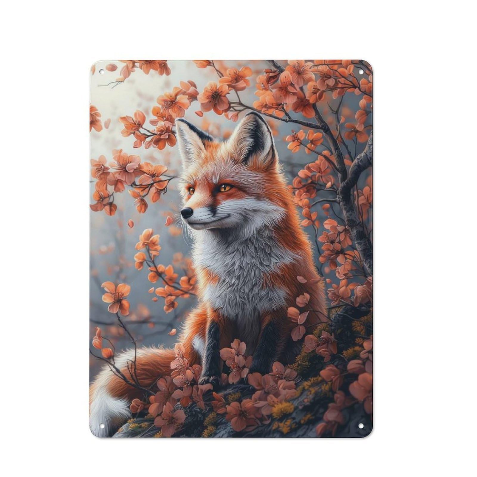 Junmoney Fox In Blossom Metal Sign 40X30cm With For Workshop Wall, Vintage Decor, A Decorative Christmas Gift For Metal Sign Collectors
