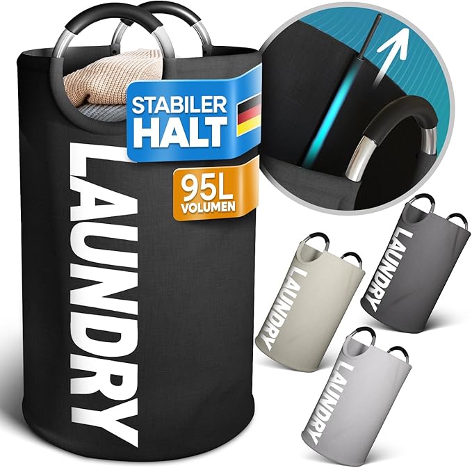 Faltbarer Wäschekorb 95L Schwarz – Großer Wäschesammler mit Griffen – Leichter Schmutzwäschebehälter – Robuster Laundry Basket – Vielseitige Wäschetruhe – schmale Wäschetonne