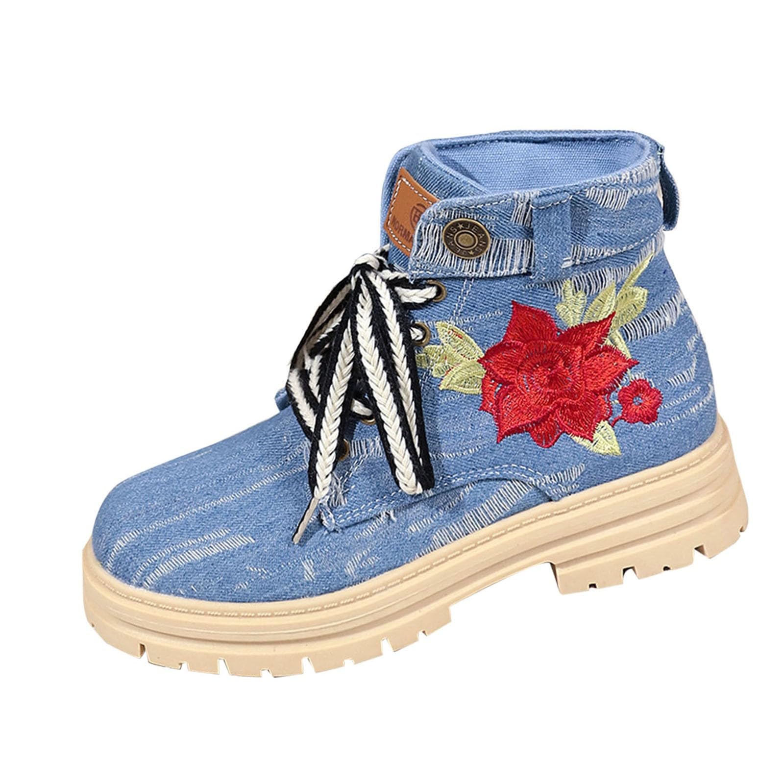 Women Ankle Boots Flat Sole Flower Decor Lace-Up Thick Platform for Casual Wear