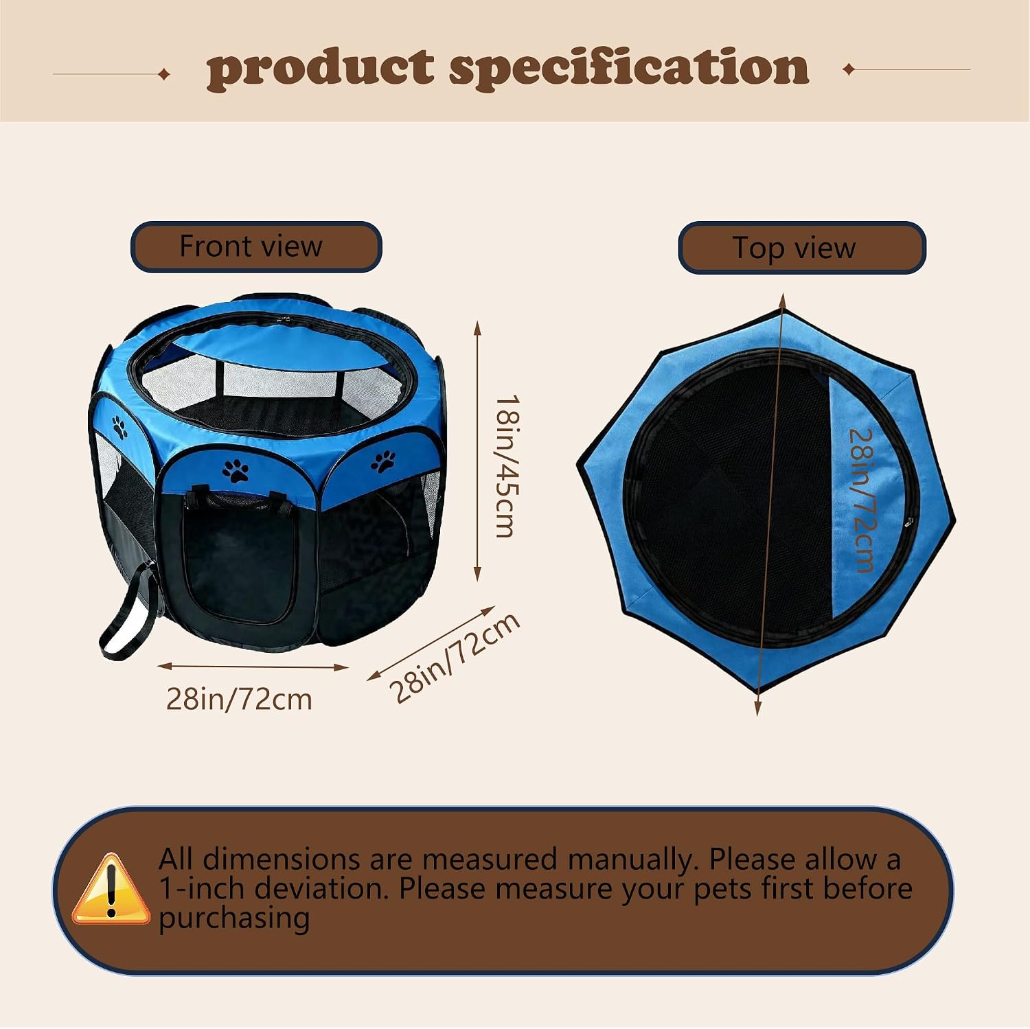 Pop Up Pet Playpen, Foldable Oxford Cloth Puppy/Cat Playpen Tent with Zipper Top, Portable Indoor Outdoor Small Dog Kennel for Indoor Outdoor（Blue mall）