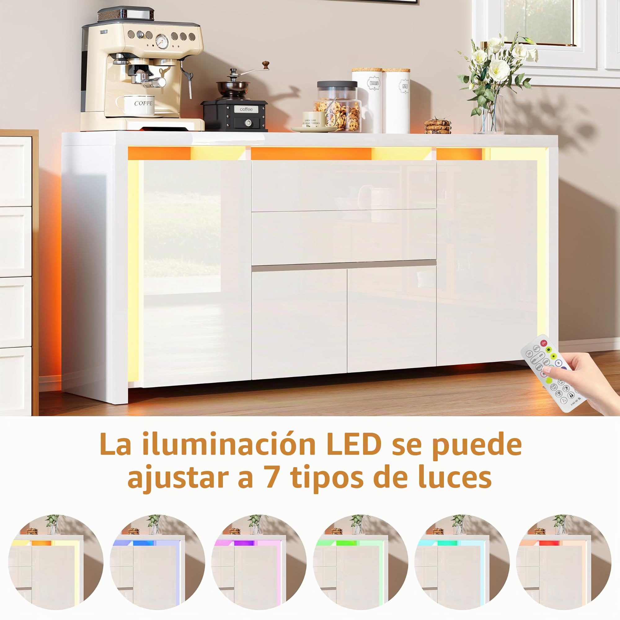 Aparador Blanco Brillante con LED, Mueble de Almacenamiento Moderno con 4 Puertas y 2 cajones, Mueble de TV Blanco Lacado para Sala de Estar, Cocina o Entrada