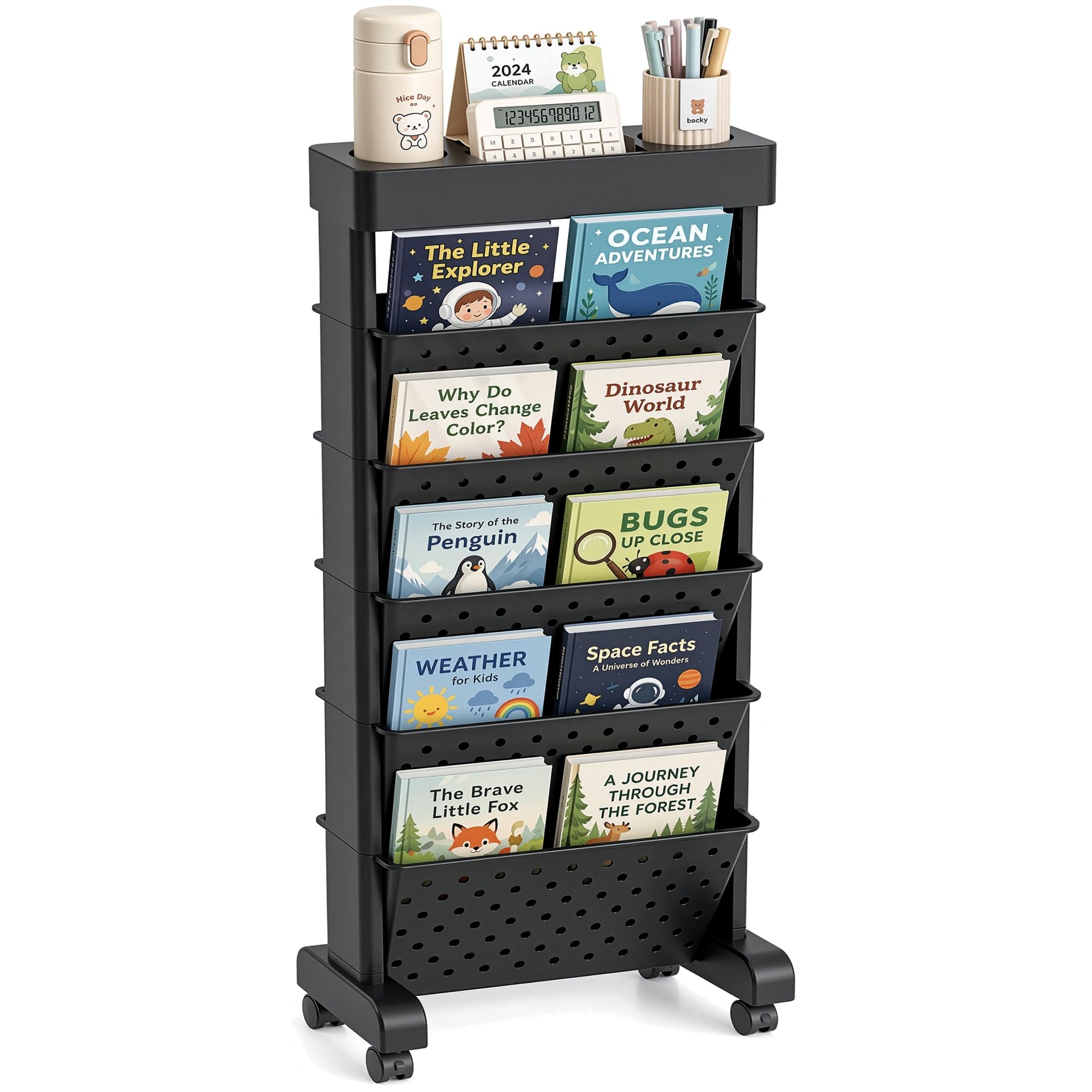 BYFU 6-Tier Rolling Bookshelf Cart, Movable File Paper Storage Organizer Mobile Bookcase with Wheels for Home Office Study Classroom, Black