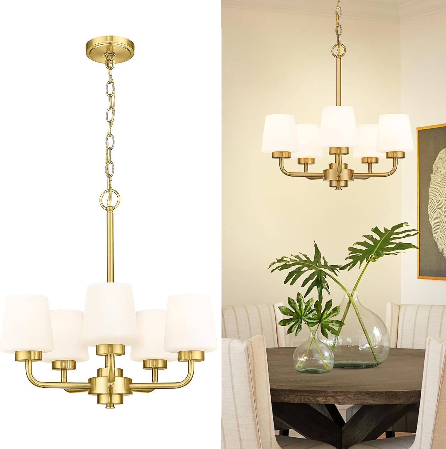 5-Light Chandelier, Brushed Gold Dining Room Light Fixture Over Table, Modern Chandelier Light Fixtures with Milk White Glass for Kitchen Living Room Bedroom, AD-22004-5-GD