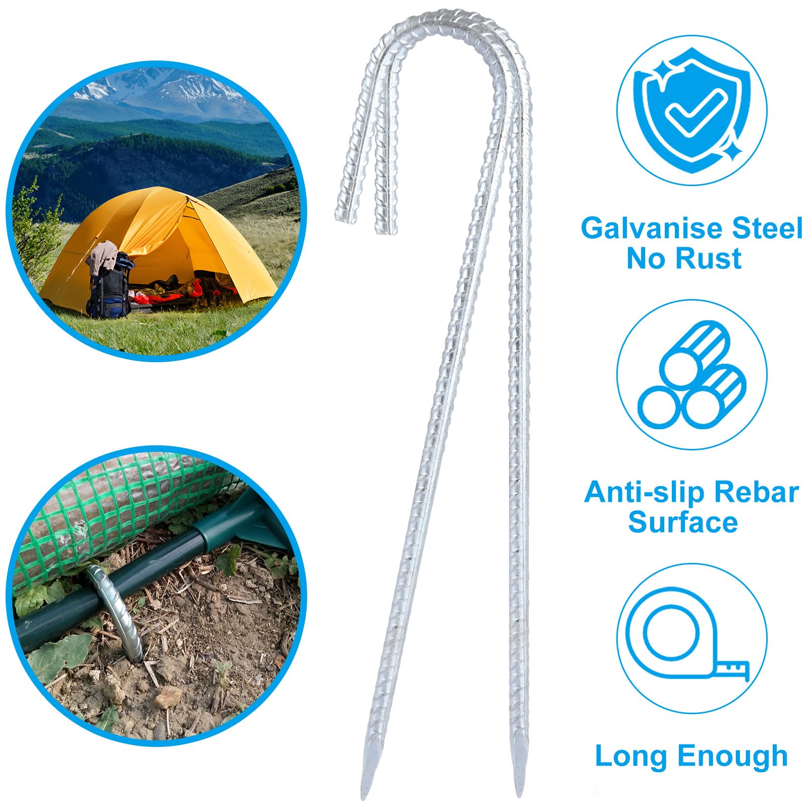 ASelected 8Pack Heavy Duty Strong Tent Pegs,12Inch Steel Ground Pegs Rebar Tent Stakes,Metal Thick Long Galvanised J Camping Tent Pegs For Football Goal Net Swing Fence Camping Gazebo Garden Outdoor - Image 3
