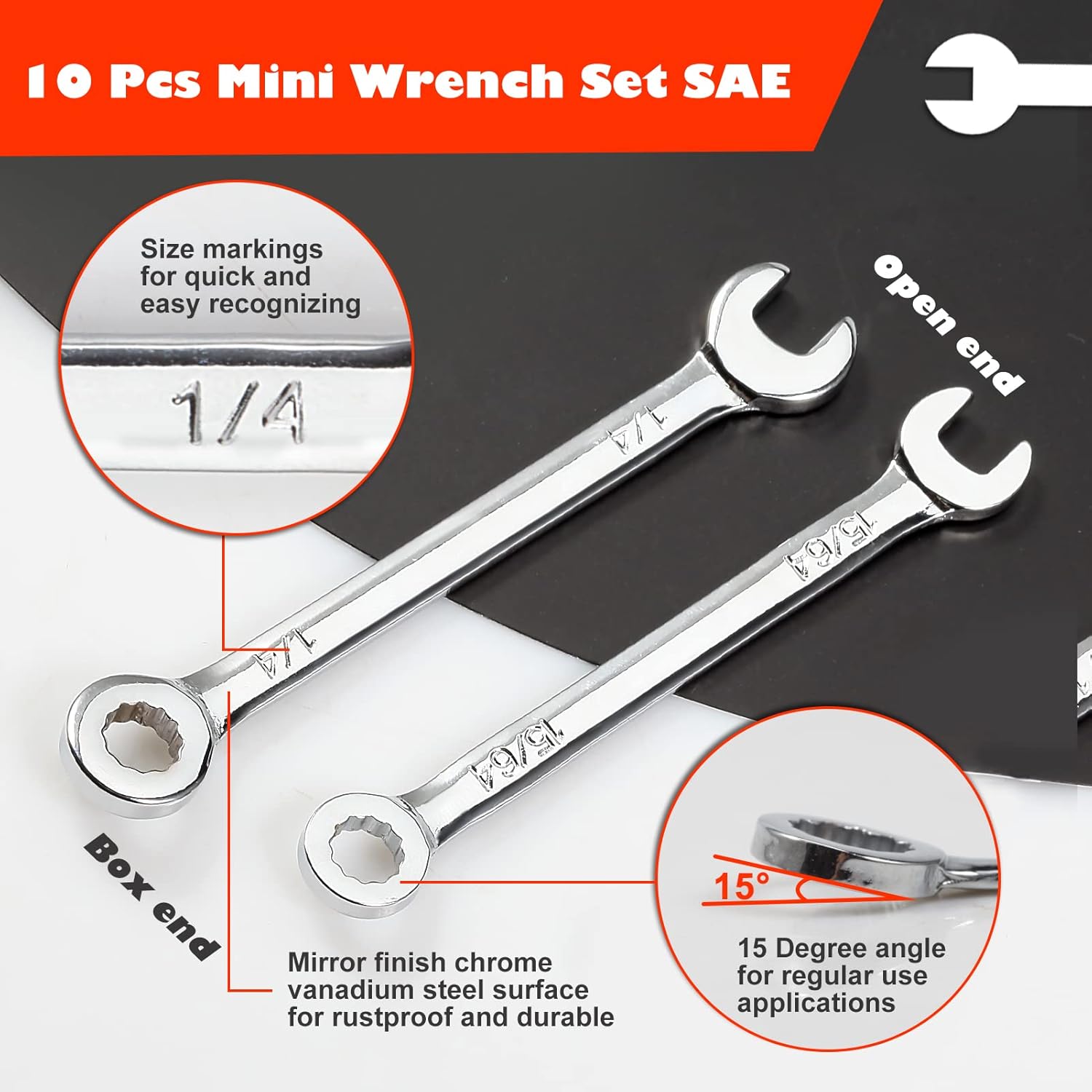 Mini Wrench Set Sae 10 Pcs 5/32" To 7/16" Standard Combination Ignition Wrench Set Small Open End and Box End Spanner with Key Ring for Automotive Technicians and Industrial Users