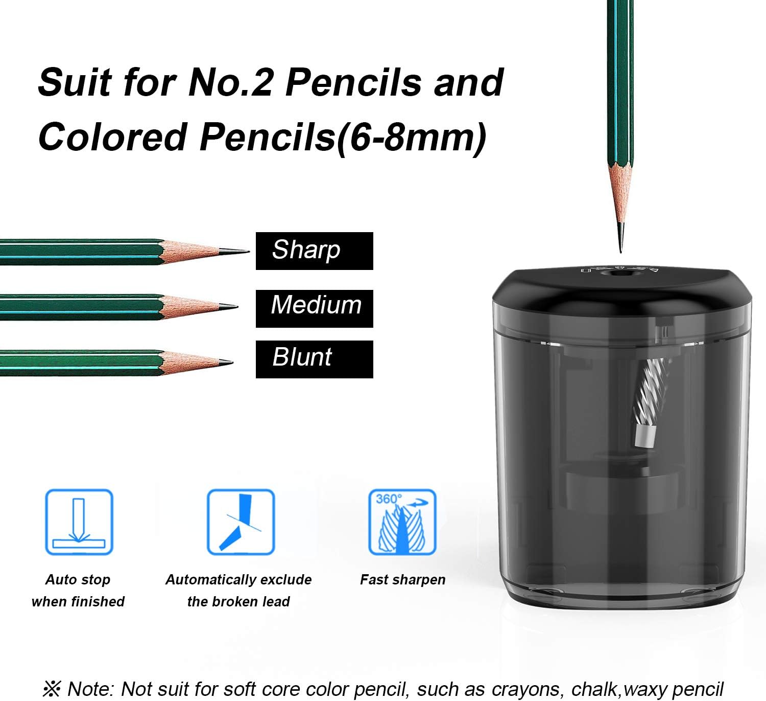 Electric Pencil Sharpener Heavy-Duty Helical Blade Sharpener with Adapter/Battery Operated for No.2/ (6-8mm) Pencils with Auto Stop & Cleaning Brush in School/Classroom/Office : Office Products