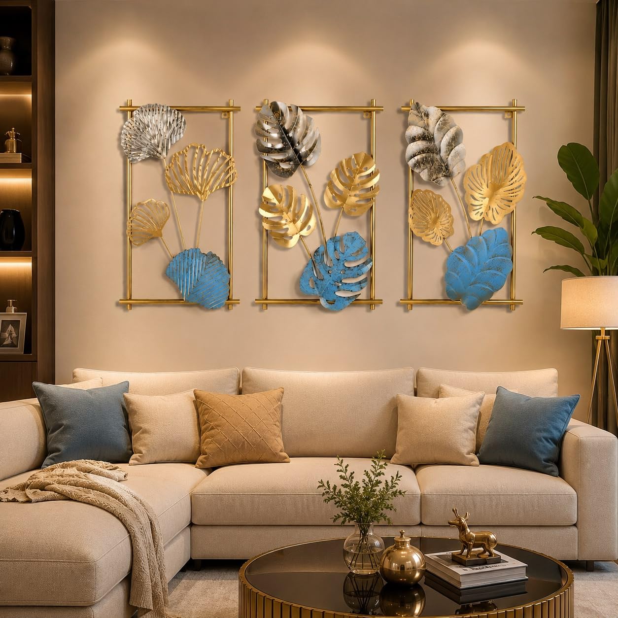Luxury Metal Wall Art Decor | Modern 3 Panel Leaf Wall Hanging | Gold, Silver & Blue Iron Wall Sculpture for Living Room, Bedroom, Hallway & Office-image-41
