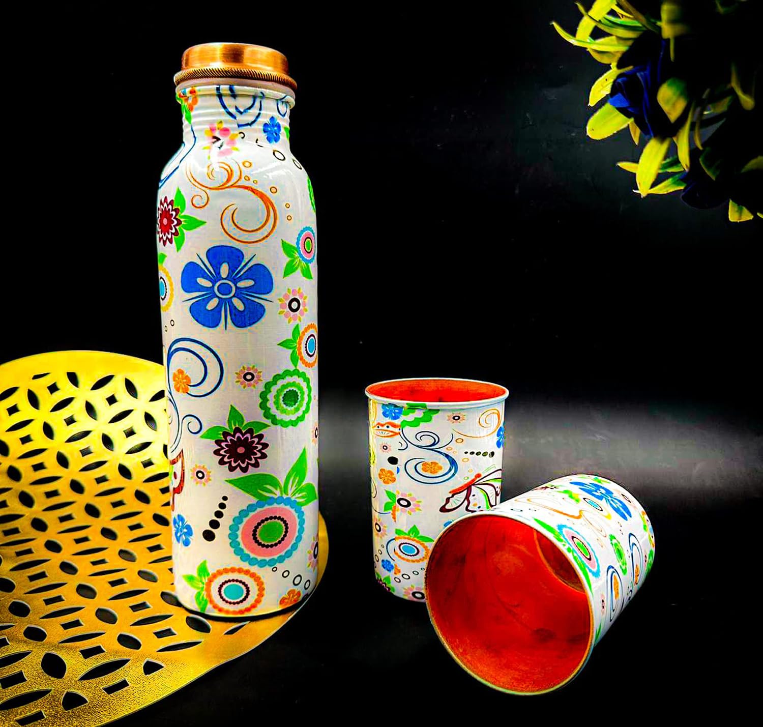 Wasserflasche Aus Reinem Kupfer – 1 Liter, Ayurvedisch, Mit Schmetterlingsdruck