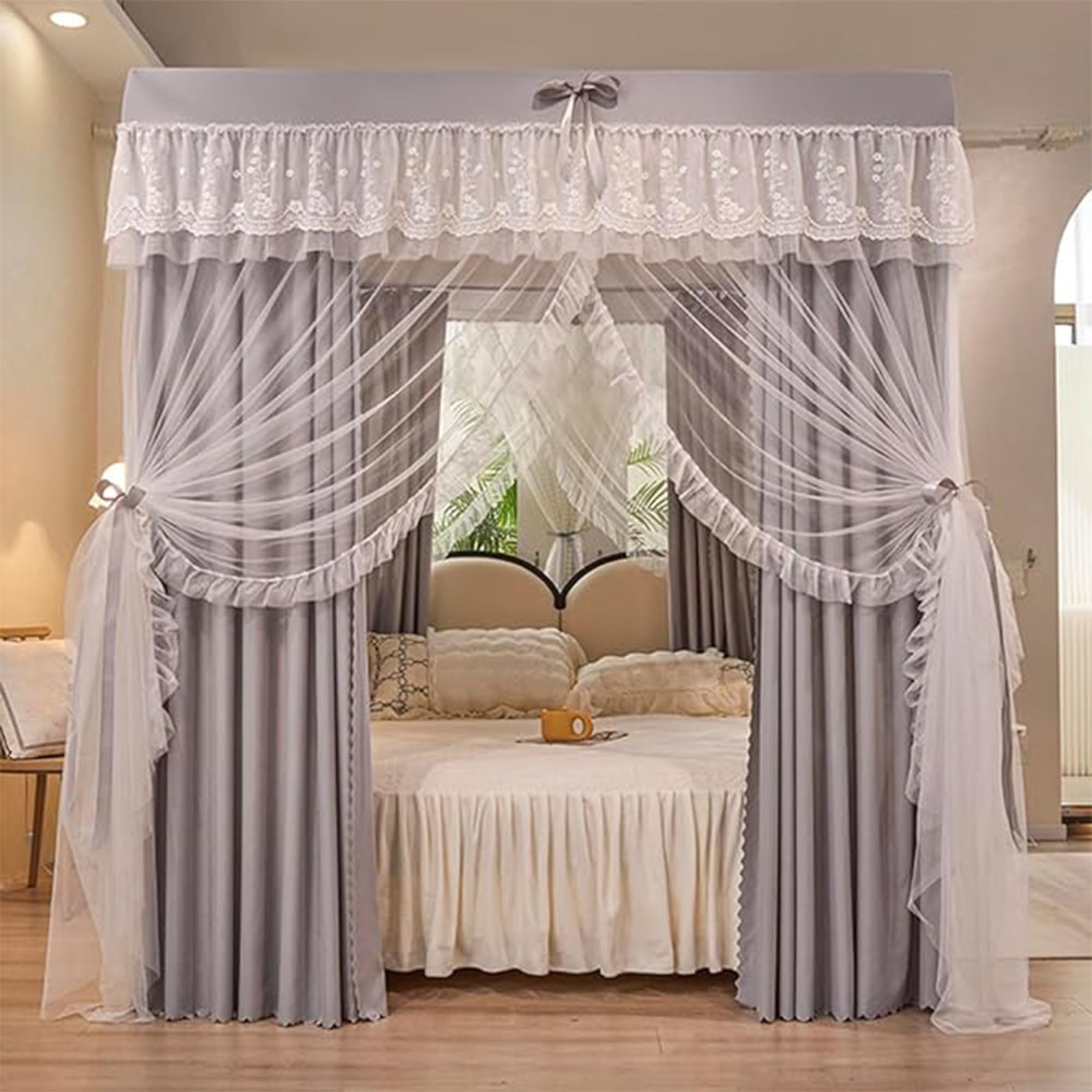 Lit Baldaquin Fille Princesse, Rideau De Lit Baldaquin Princesse avec Volants, 4 Ouvertures Moustiquaire Double Couche pour Chambre De Fille DéCoration Romantique,E,200 * 220cm* Without Stand