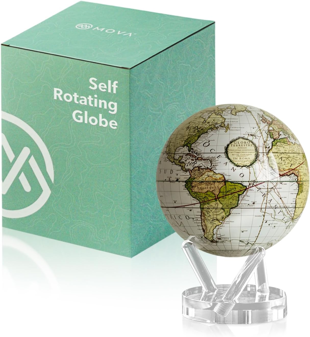 Globe - Antique Cassini White Signature (6") | Solar-Powered Spinning Globe for Desk or Shelf | Vintage Map Decor | No Batteries or Cords