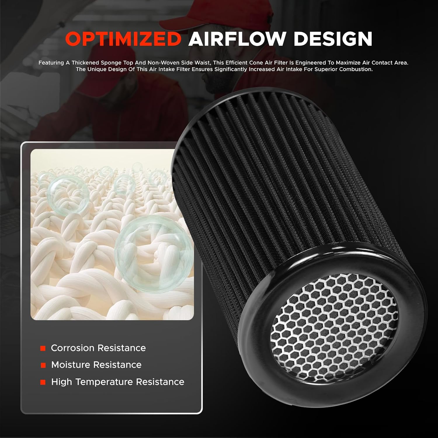 Universal Washable Cone Air Filter Kit - 3, 3.5, 4 Inch Sizes w/Clamp - for Car, Truck, Motorcycle-Black