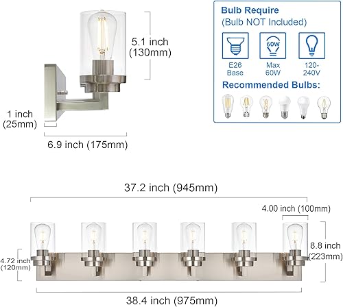 Miniatura 6 de MELUCEE Luces de baño de 6 luces sobre espejo en níquel cepillado, moderno accesorio de iluminación industrial de pared para baño, cocina, tocador,