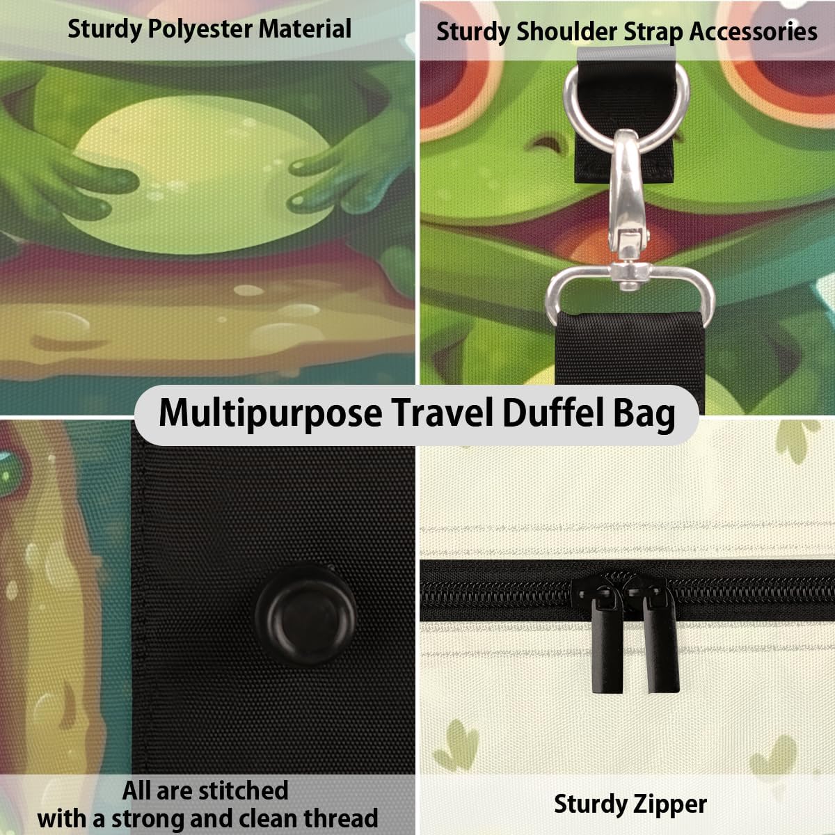Cute Watercolor Frogs Travel Duffel Bag for Women Men Large Capacity Overnight Weekender Bags for Lightweight Waterproof Sport Gym Bag for Workout Yoga Swim