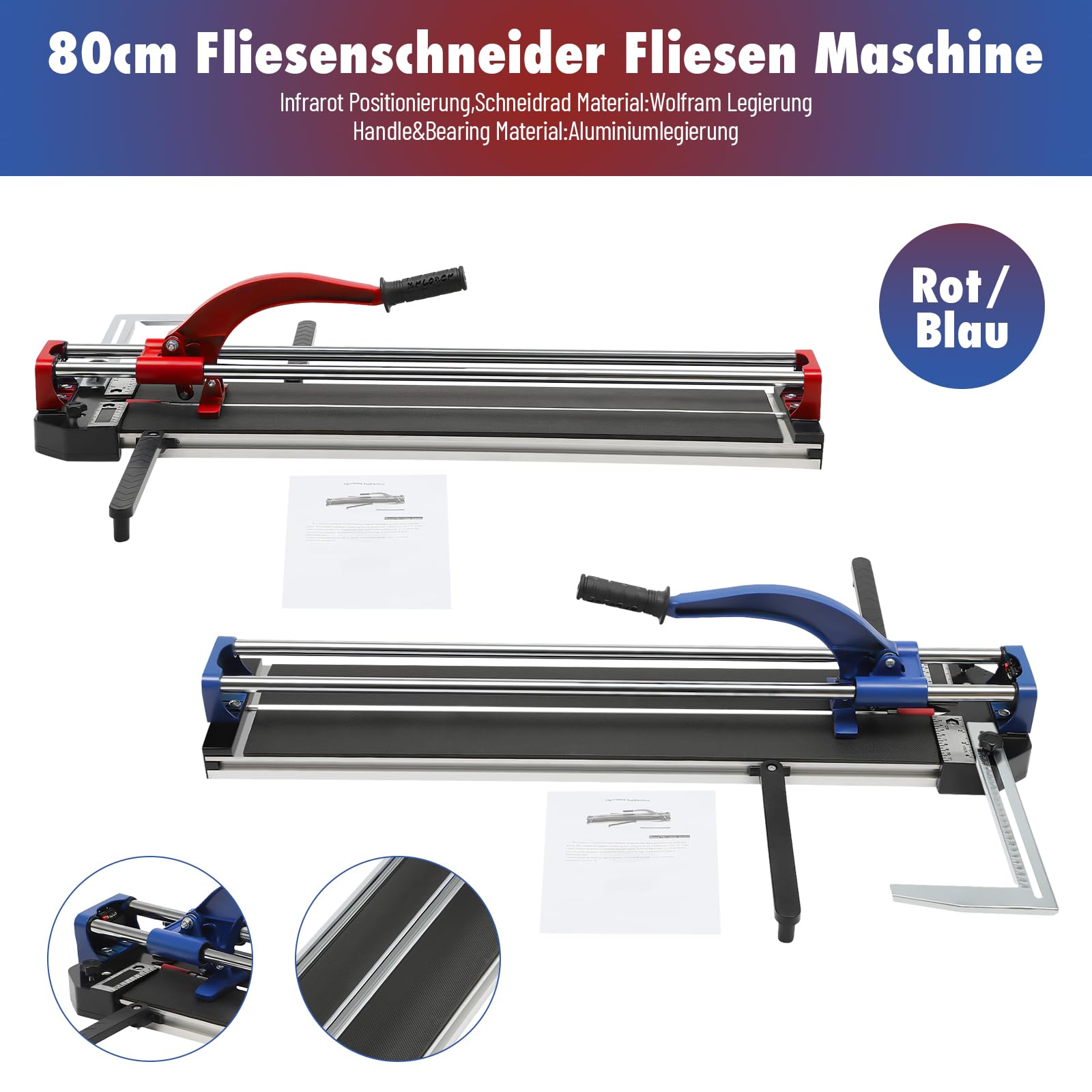 Tagliapiastrelle manuale da 80 cm con laser a infrarossi, YG96 in lega di tungsteno, tagliapiastrelle a doppio binario per piastrelle in ceramica da 4-15 mm, blu