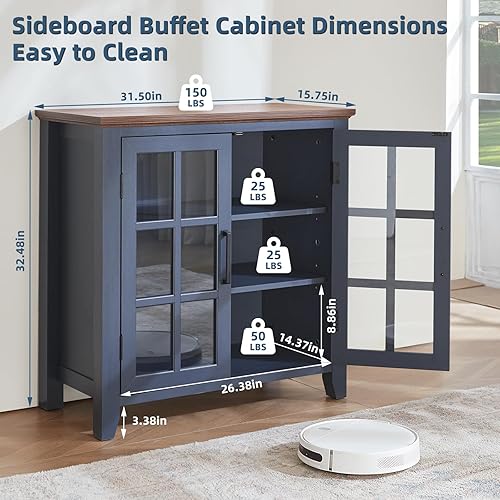 Miniatura 2 de Aparador grande con almacenamiento, 32 pulgadas, color azul marino, para cocina, cafetería, bar y vino, con 2 puertas de cristal, mesa auxiliar de