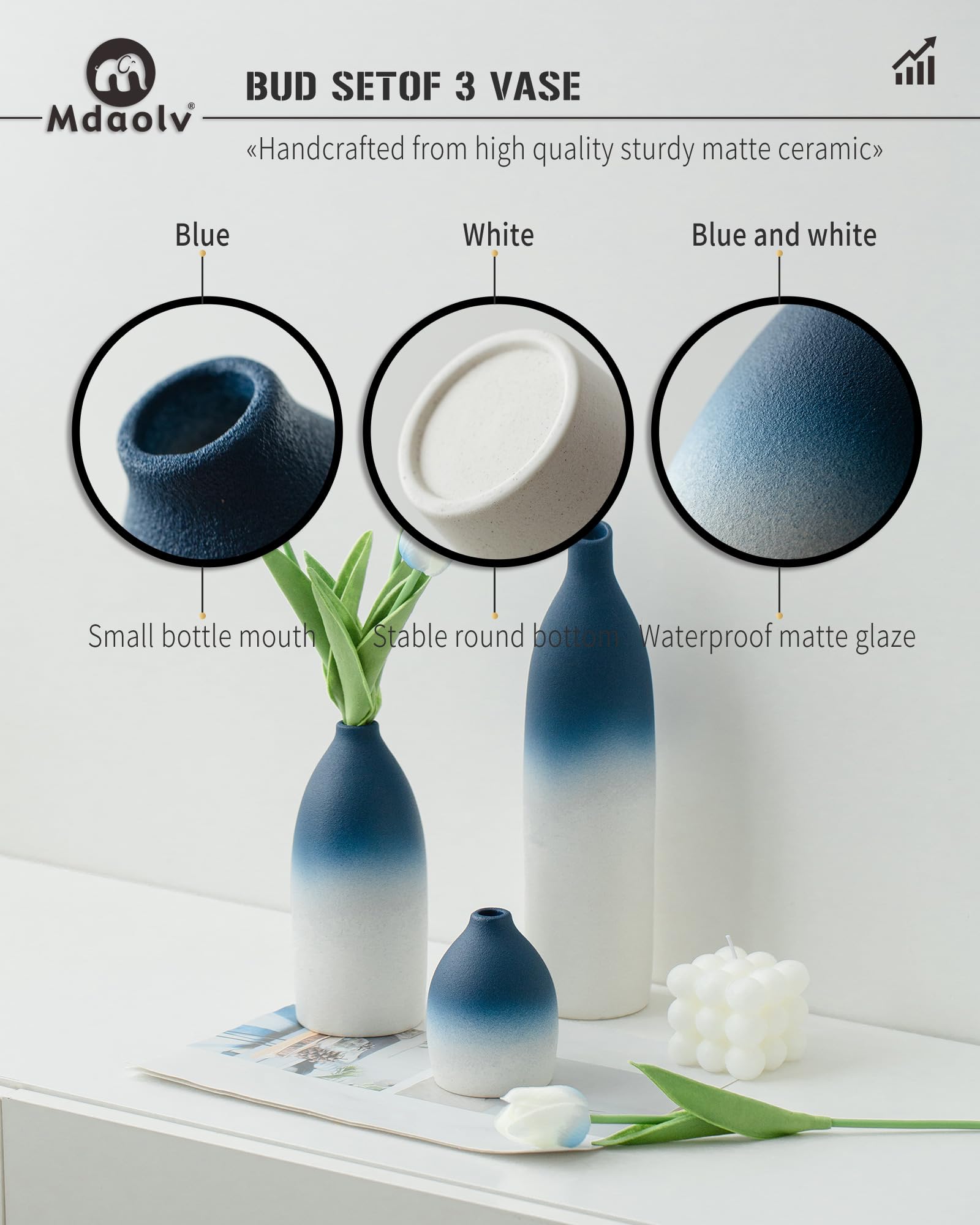 Mdaolv Blaues und weißes Vasen-Set – marineblaue Küstendekoration für Kücheninsel, Wohnzimmer, Bürotisch, Kaminsims, Badezimmer-Regal – Keramik-Tischdekorationen