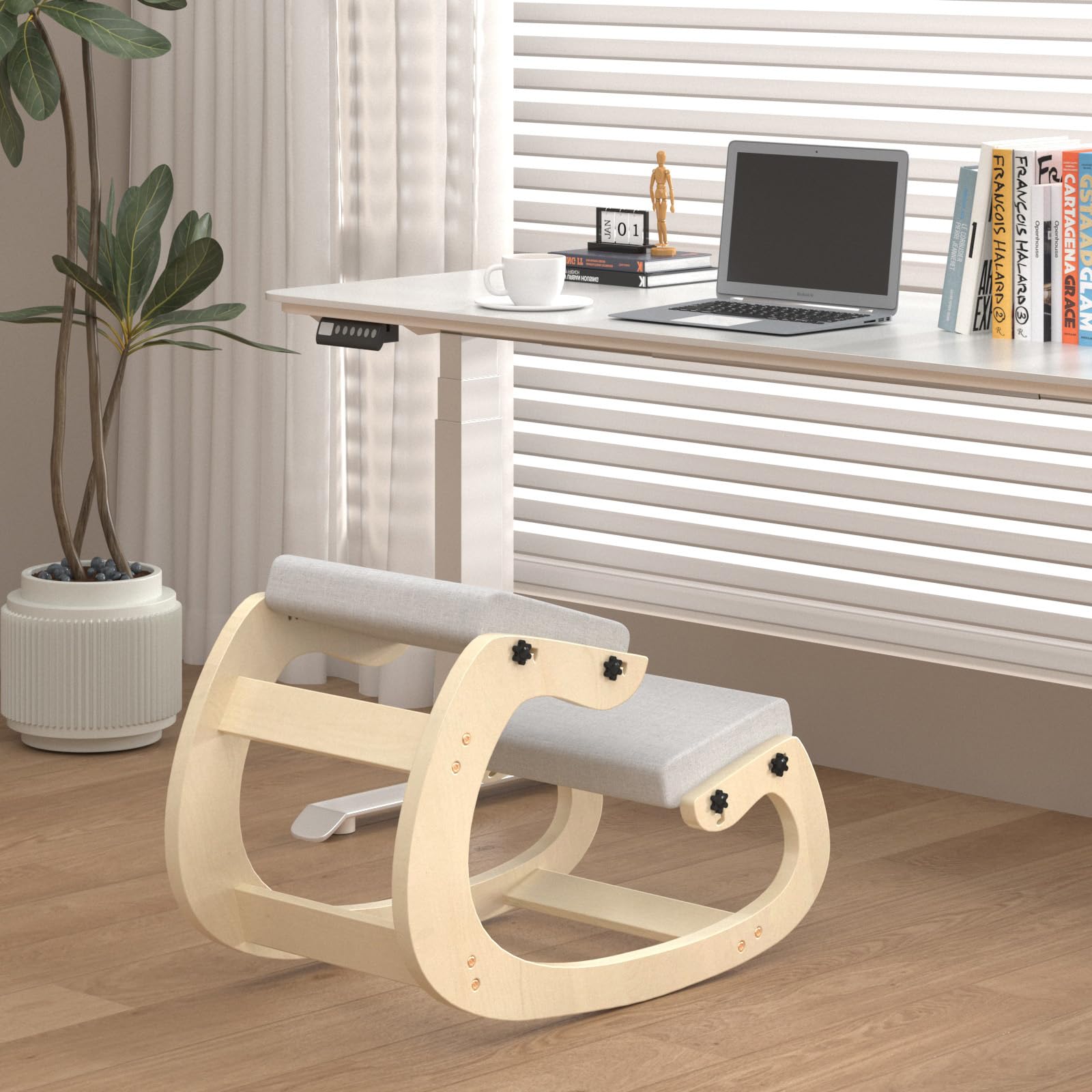 Ergonomischer Kniestuhl mit Schaukelbasis aus Holz – Höhenverstellbarer Haltungstrainer mit dickem Sitzkissen und weicher Knierolle, ideal fürs Homeoffice & gegen Rückenschmerzen