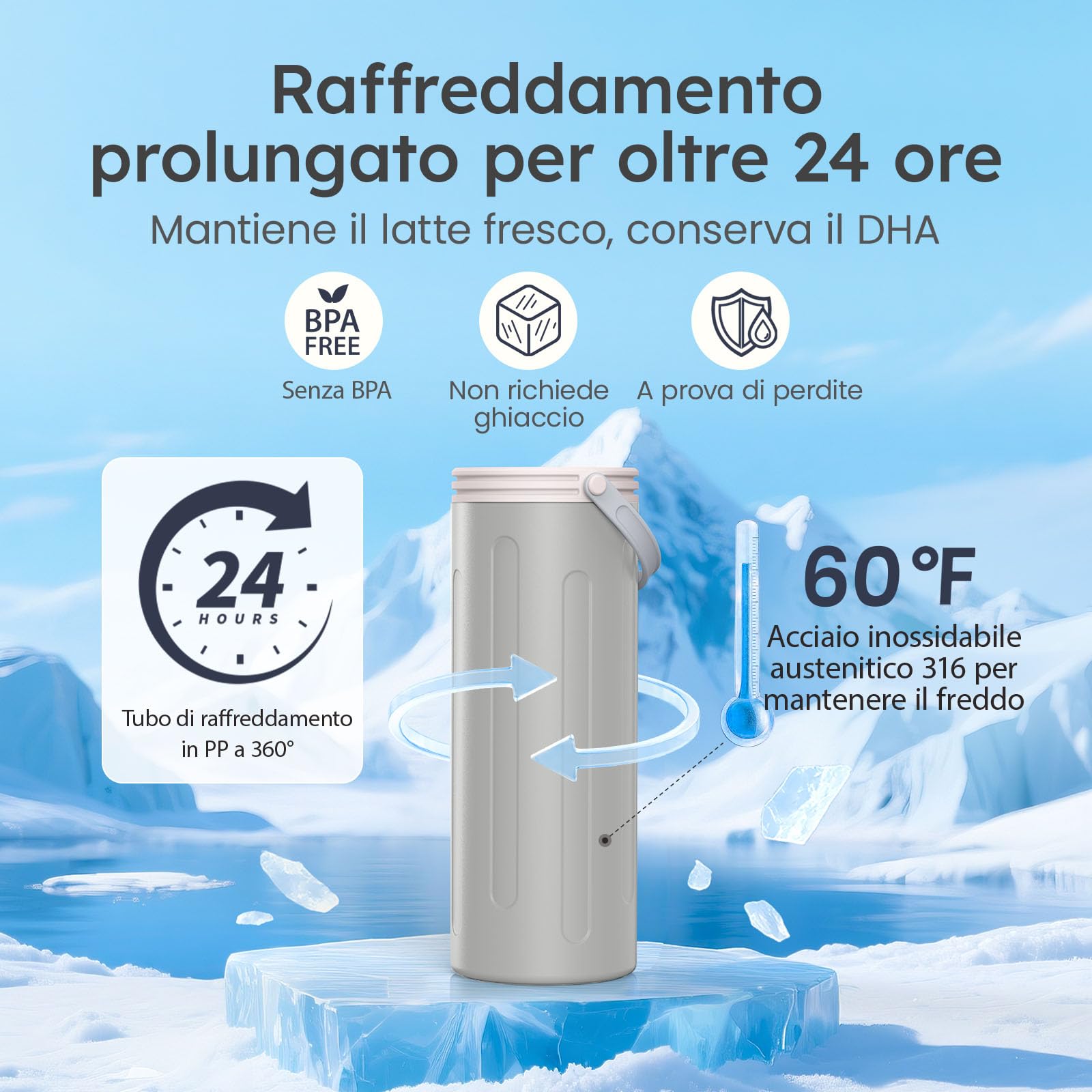 Raffreddatore per latte materno per lavoro e viaggi, raffreddamento a 360° mantiene il latte fresco per 24 ore, con 2 biberon per conservare latte materno, utensili per l'allattamento