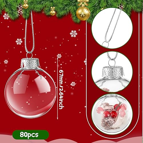 Miniatura 2 de 80 adornos redondos de plástico transparente a granel, parte superior extraíble, adornos transparentes para colgar, bolas de Navidad, adornos de