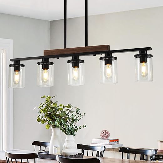 36.2‘’ Kitchen Lighting, 5-Light Dining Room Light Fixture Chandelier Over Table, Black Modern Rustic Wood Ceiling Pendant Light Fixtures, with Clear Glass Shade, Farmhouse Chandelier