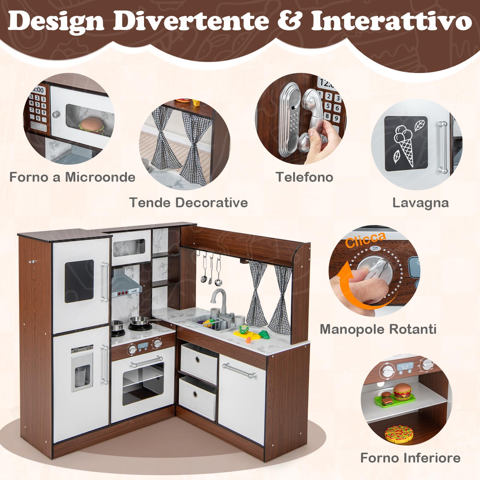 GYMAX Cucina Giocattolo ad Angolo per Bambini, Set da Cucina in Legno con Cappa Illuminata e Fornelli con Suoni, Realistico Fabbricatore di Ghiaccio, Regalo per Bambini 3 + Anni (Stile 1)