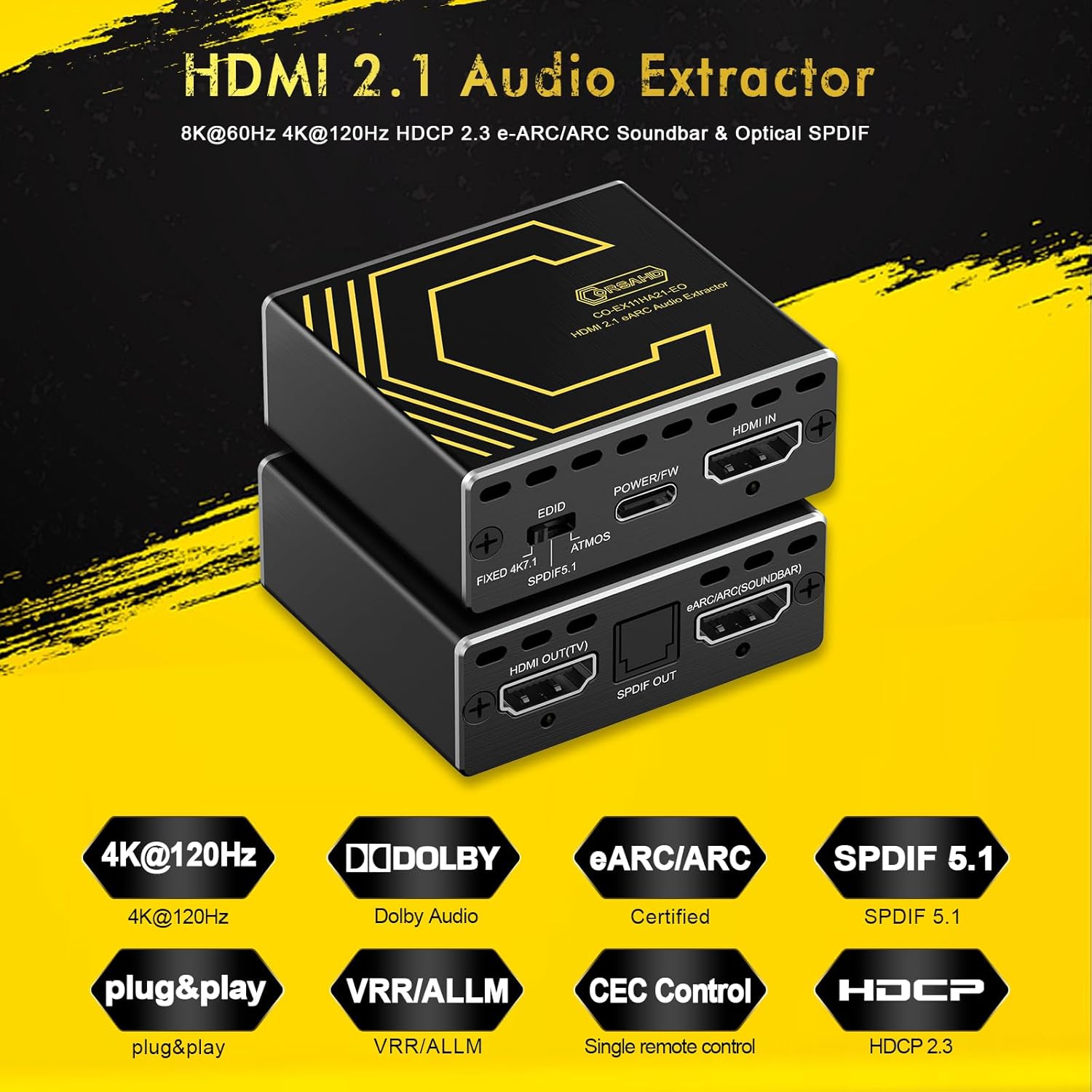CORSAHD HDMI 2.1 eARC Audio Extractor front and back view with labeled ports