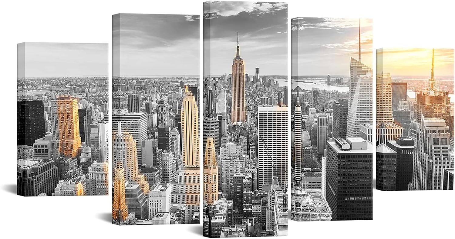 Conipit Large Size 5 Pcs New York Skyline Wall Art Canvas City in Sunrise Painting Pictures Modern Cityscape Artwork for Living Room Office Wall Decor Framed Ready to Hang
