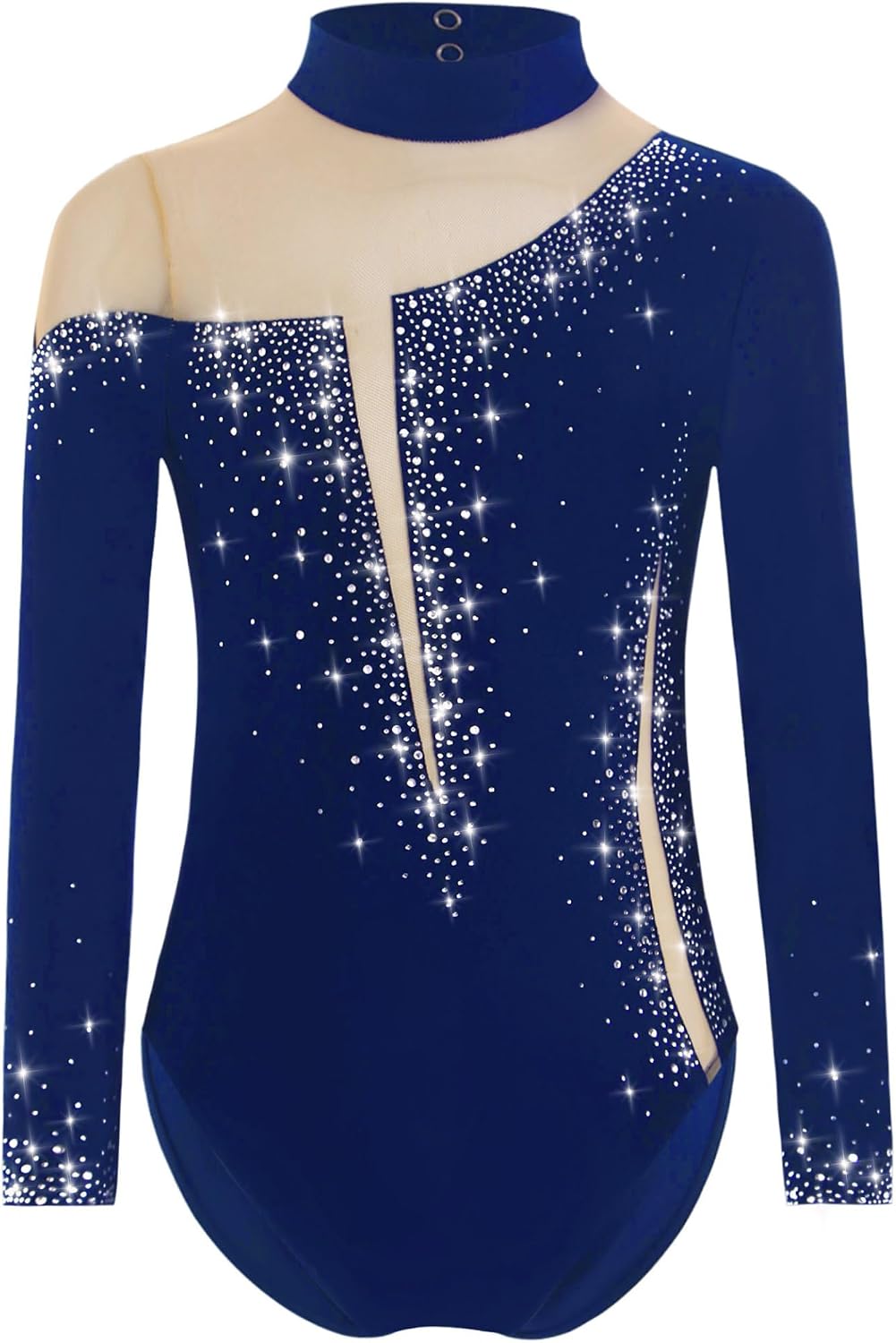 Girls Glitter Rhinestones Gymnastics Ballet Dance Leotard Long Sleeve Mock Neck Keyhole Back Figure Skating Bodysuit