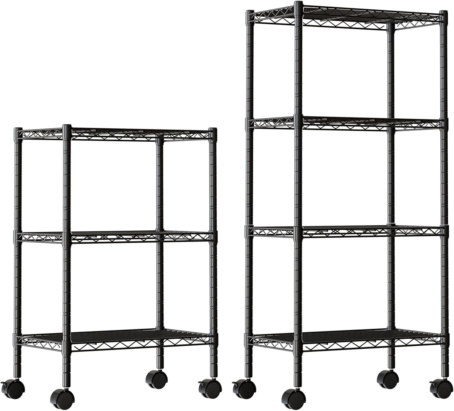 DUMOS 2 Pack 3Tier 4Tier Metal Shelving, Heavy Duty Shelves Wire Shelving Unit with Removable Wheel Casters, Shelves Organizer for Bathroom Garage Living Room Kitchen Pantry Laundry