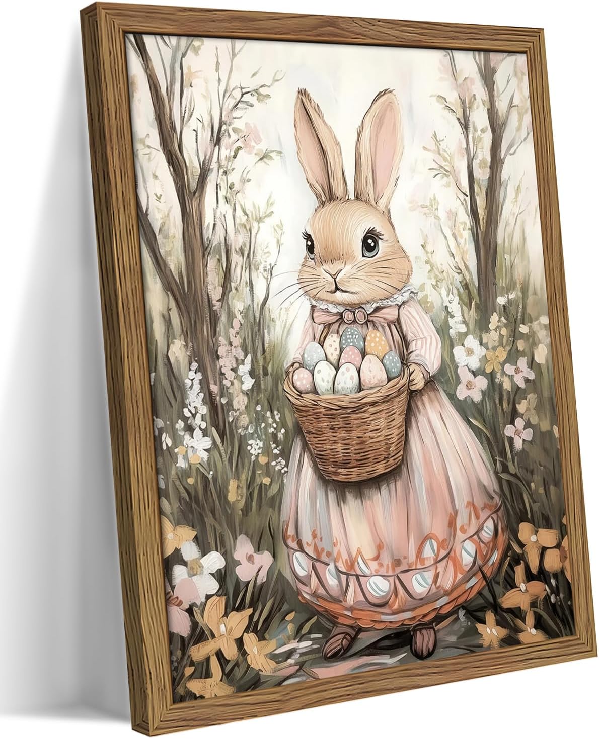 Framed Easter Bunny Canvas Wall Art, Rabbit & Egg Basket Poster Prints, Farmhouse Style Holiday Wall Decoration, Vintage Rustic Home Artwork for Kids Room Bedroom Living Room 12x16 inch
