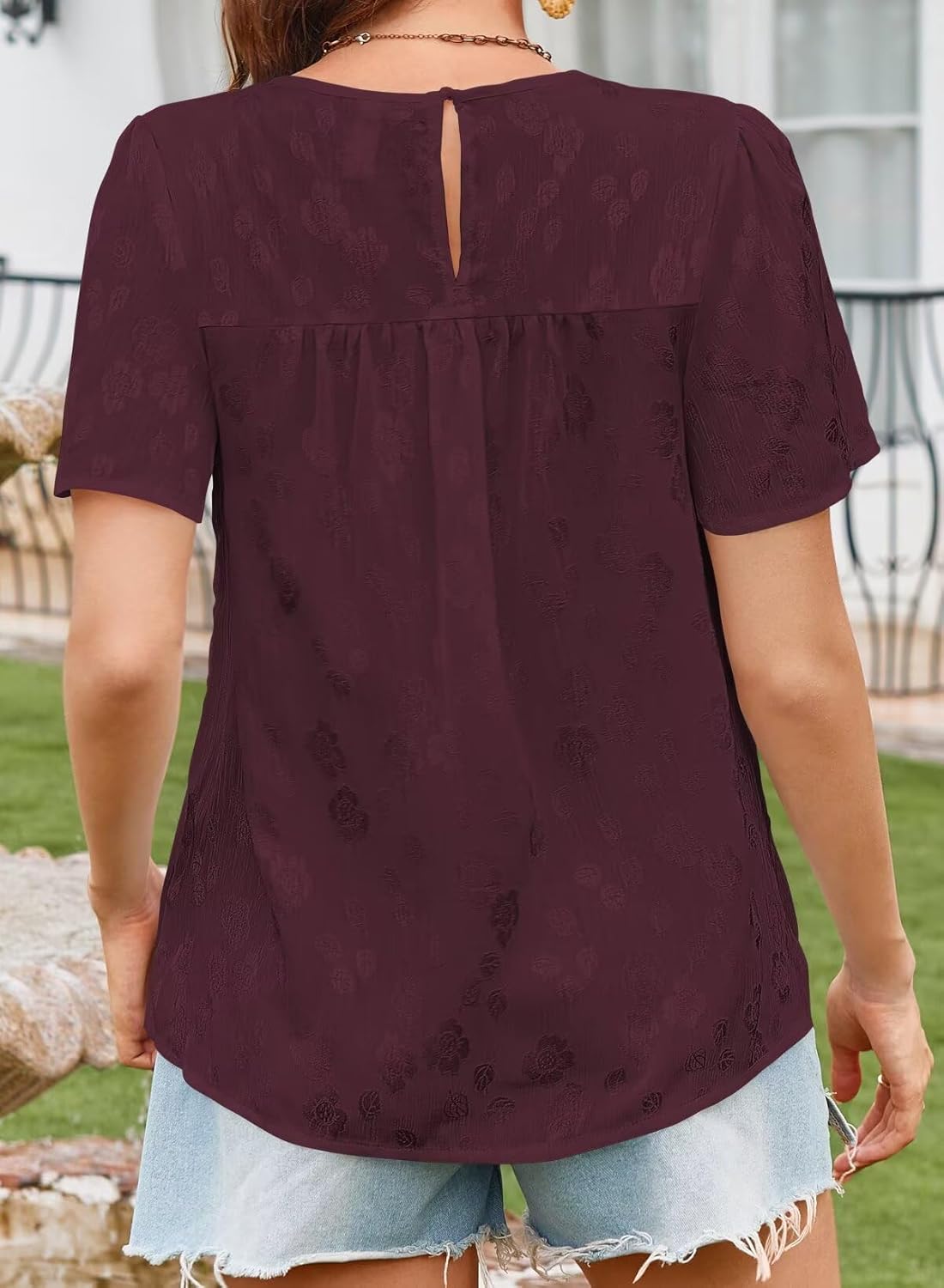 Tops for Women 2025 Boho Floral Blouses Short Puff Sleeve Shirts Summer Flowy Crew Neck Casual Peasant Lace Clothing - Image 3